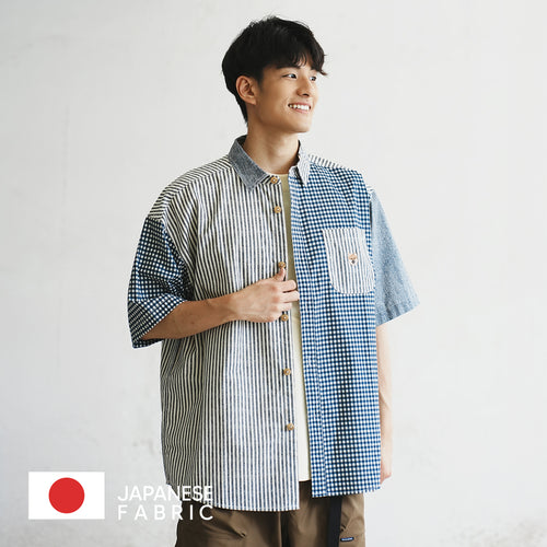 (ST399) Japan Fabric Patchwork Short Sleeve Shirt