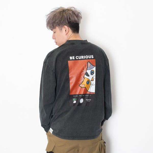 (ZT1558) Curious Cat Graphic Long Sleeve Tee